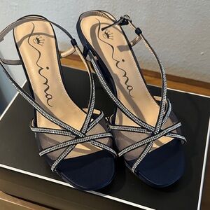 Nina Navy Rhinestone Strappy Slingback Heels